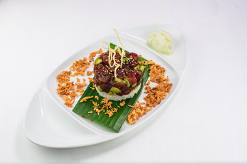 Delicious japanese dish of rice, tuna and avocado