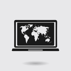 Laptop and world map illustration. World map geography symbol.  Flat design style. 