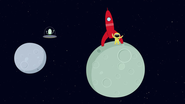Alien flying in space ship. Astronaut standing on planet. Retro cartoon style with flat design.