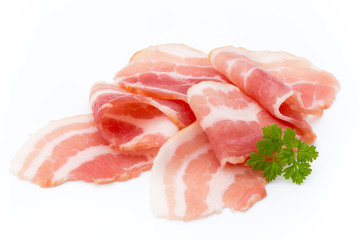 Bacon isolated on white background. Delikatese food.