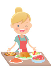 主婦　テーブルに料理を並べる