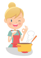 主婦　鍋料理の味見　OKサイン