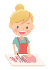 料理をする主婦　肉を切る