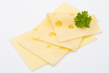 Cheese slices on white background cutout.
