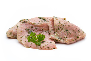 Steak with spices isolated on white background.