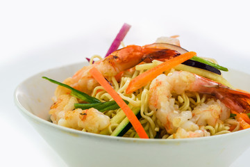 Spaghetti pasta with shrimps and vegetables