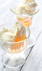 Two bowls of vanilla ice cream with peaches