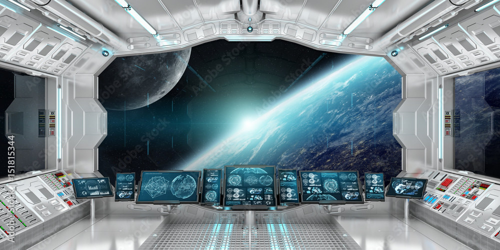 Poster Spaceship interior with view on the planet Earth 3D rendering elements of this image furnished by NASA