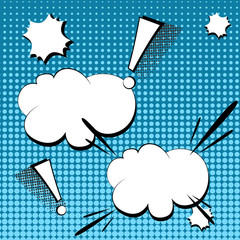 Blue comic book background with clouds. gradient halftone pop art retro style, Blank Speech Bubble Pop art.