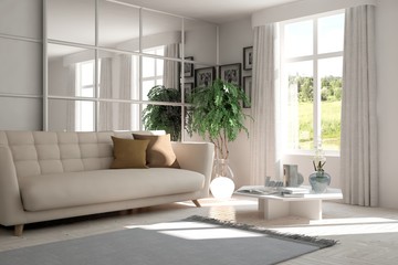 White room with sofa and green landscape in window. Scandinavian interior design. 3D illustration