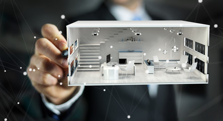 Businessmank drawing white 3D rendering apartment plan