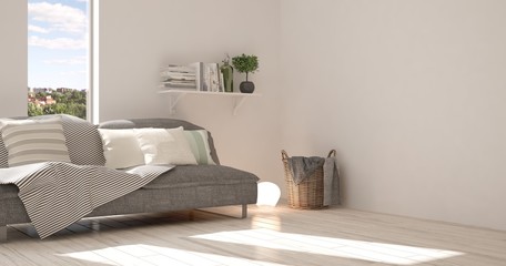 White modern room with sofa. Scandinavian interior design. 3D illustration