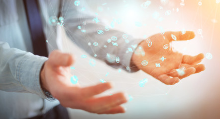 Businessman using flying network connection interface 3D rendering