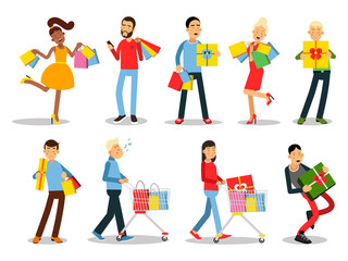 Fototapeta na wymiar Shopping people vector concepts. Flat design. Collection of smiling women and man characters with gift boxes, paper bags and trolley with goods. Pleasure of purchase. For sales and discounts