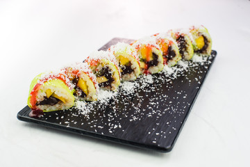Tasty sweet Japanese rolls with mango