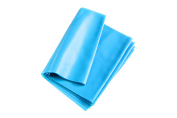 Blue exercise band for fitness, bodybuilding and rehabilitation isolated on white background