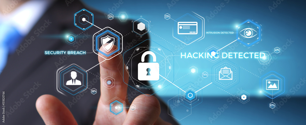 Poster businessman using antivirus to block a cyber attack 3d rendering
