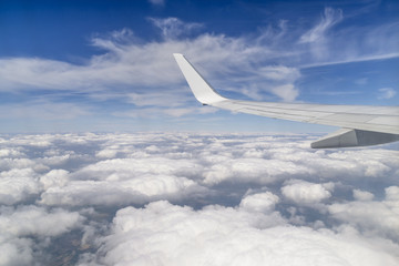 Airplane wing flying in a dramatic blue sky with white clouds