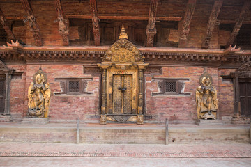 Architectural detail of ancient Patan royal court following earth quake. Kathmandu, Nepal.