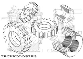 Machine-building drawings on a black background, wheels.