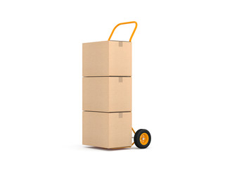Hand Truck with cardboard boxes on white background, 3d rendering