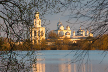 Beautiful view at sunset with churches. Monastery in Veliky Novgorod