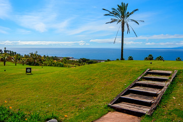 The hotelier area with palm trees and the golf course