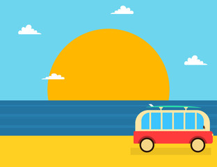 Summer vacations travel concept banner with van and tropical beach landscape