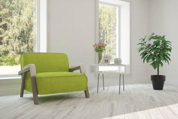 White room with armchair and green landscape in window. Scandinavian interior design. 3D illustration