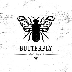 Vintage hand drawing butterfly silhouette label