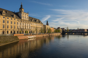 Scenic view of Wroclaw University from Odra River at sunset, Poland