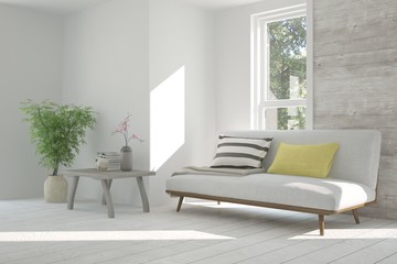 White room with sofa and green landscape in window. Scandinavian interior design. 3D illustration