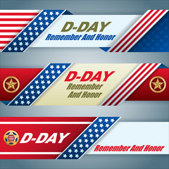 Set of web banners design, background with texts and American flag, for D-Day event, celebration