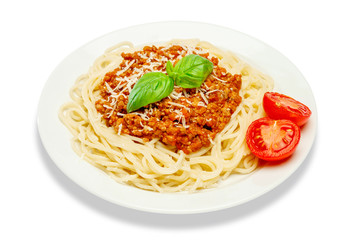 Spaghetti bolognese on a white plate
