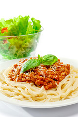 Spaghetti bolognese on a white plate