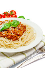 Spaghetti bolognese on a white plate