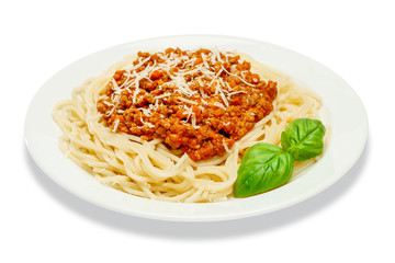 Spaghetti bolognese on a white plate