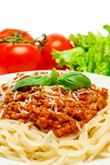 Spaghetti bolognese on a white plate