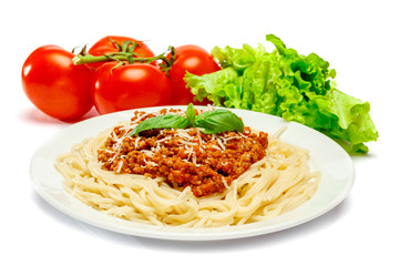 Spaghetti bolognese on a white plate
