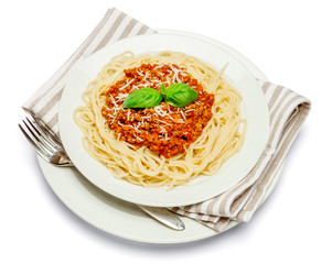 Spaghetti bolognese on a white plate