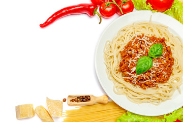 Spaghetti bolognese on a white plate - frame