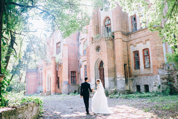 Wedding couple walking near beautiful view to the old couple