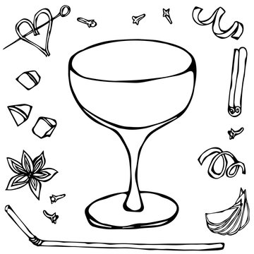 Champagne Saucer Coctail Glass. Hand Drawn Vector Illustraition.