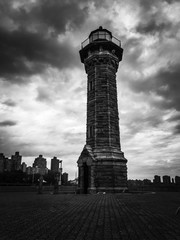 Lighthouse at Roosevelt island in black and white