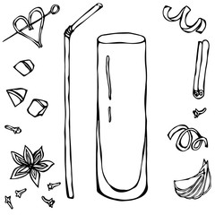 Collins Coctail Glass. Hand Drawn Vector Illustraition.