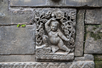 Architectural detail of ancient damaged Bhaktapur royal court following earth quake. Kathmandu, Nepal.