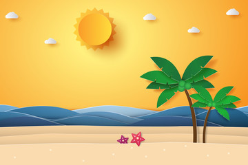 Summer time , sea with beach and coconut tree , paper art style