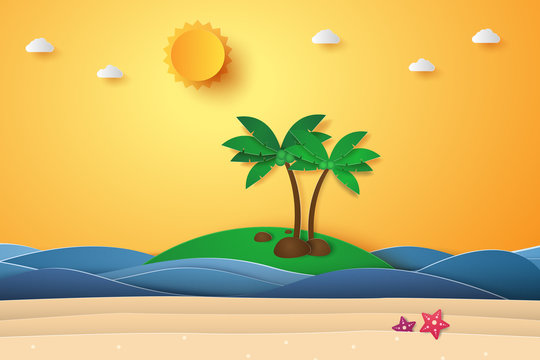 Summer time , sea with beach and coconut tree , paper art style