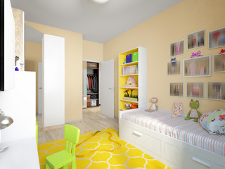 Modern Urban Contemporary Children Room Interior Design for Girl. 3d rendering - 151841909