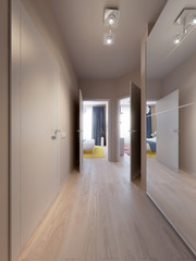 Modern Urban Contemporary Scandinavian hallway interior design with beige walls, white doors and large mirror wardrobe. 3d render